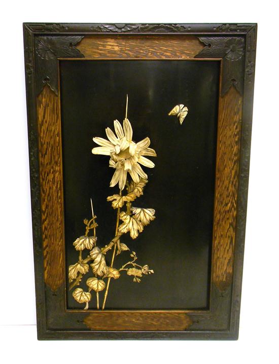 Appraisal: Japanese plaque high relief bone inlay of flower on oblong