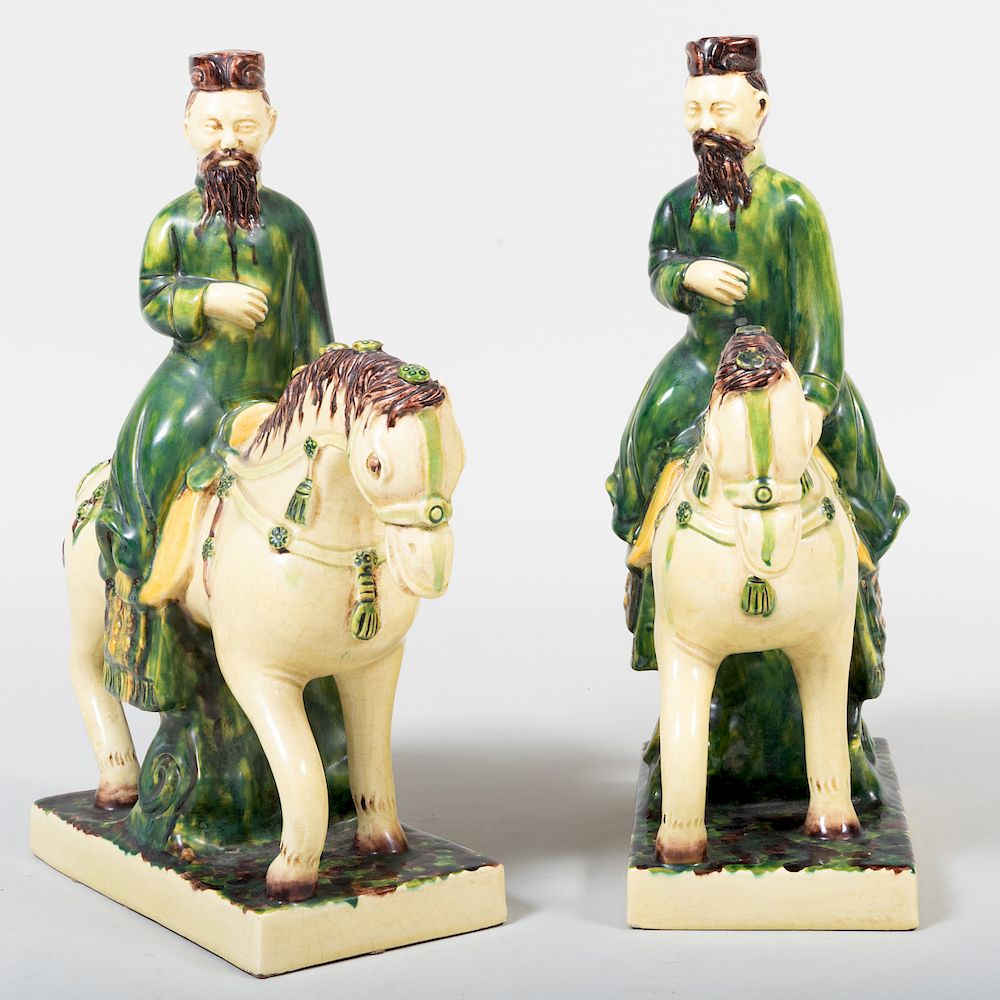 Appraisal: Pair of Italian Chinese Style Glazed Pottery Equestrians Each marked