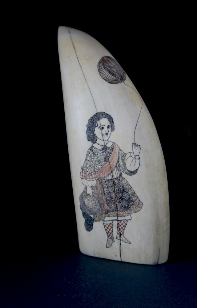 Appraisal: Whaleman Scrimshaw and Polychrome Double Sided Sperm Whale Tooth circa