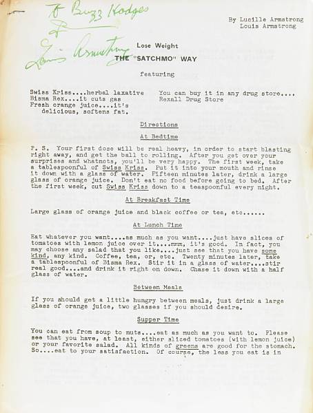 Appraisal: ARMSTRONG LOUIS - Typed Manuscript Signed Louis Armstrong and Inscribed