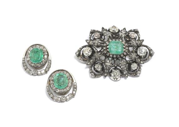 Appraisal: A th C EMERALD AND DIAMOND BROOCH WITH EAR CLIPS