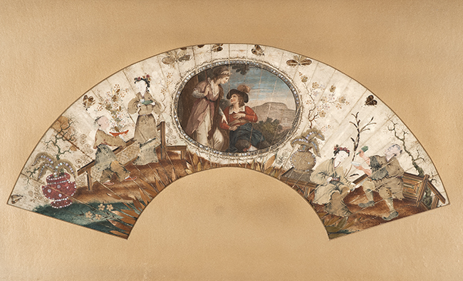 Appraisal: FRAMED CHINOISERIE FOLDING FAN LEAF Chinese Circa Central cartouche depicting