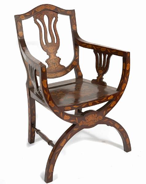 Appraisal: A Dutch marquetry inlaid walnut armchair height in width in