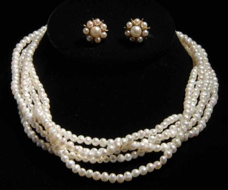 Appraisal: K Y Gold Pearl Necklace Earrings Set Description Earrings with