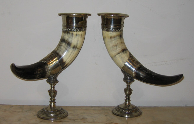 Appraisal: PAIR OF MOUNTED HORN TROPHY CUPS Each with plated silver