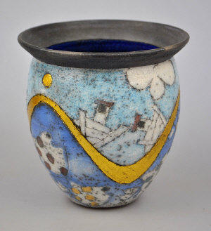 Appraisal: Raku vase by Rob Whelpton decorated with fishing boats waves