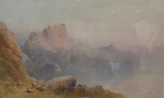 Appraisal: th Century Continental school watercolour mountain scene with sheep indistinctly