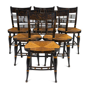 Appraisal: A Set of Six Black-Painted and Stencil-Decorated Hitchcock Chairs th