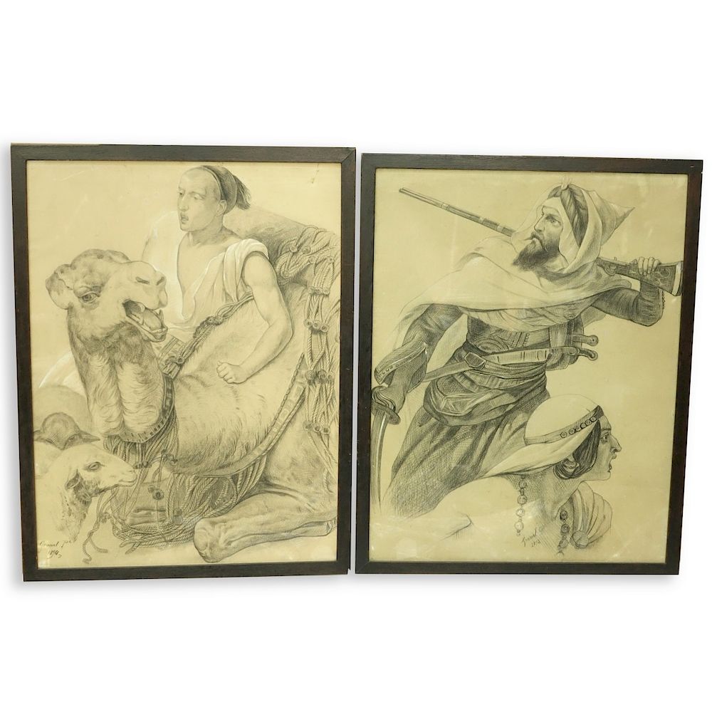 Appraisal: Pair th Century Orientalist School Drawings Pair th Century Orientalist