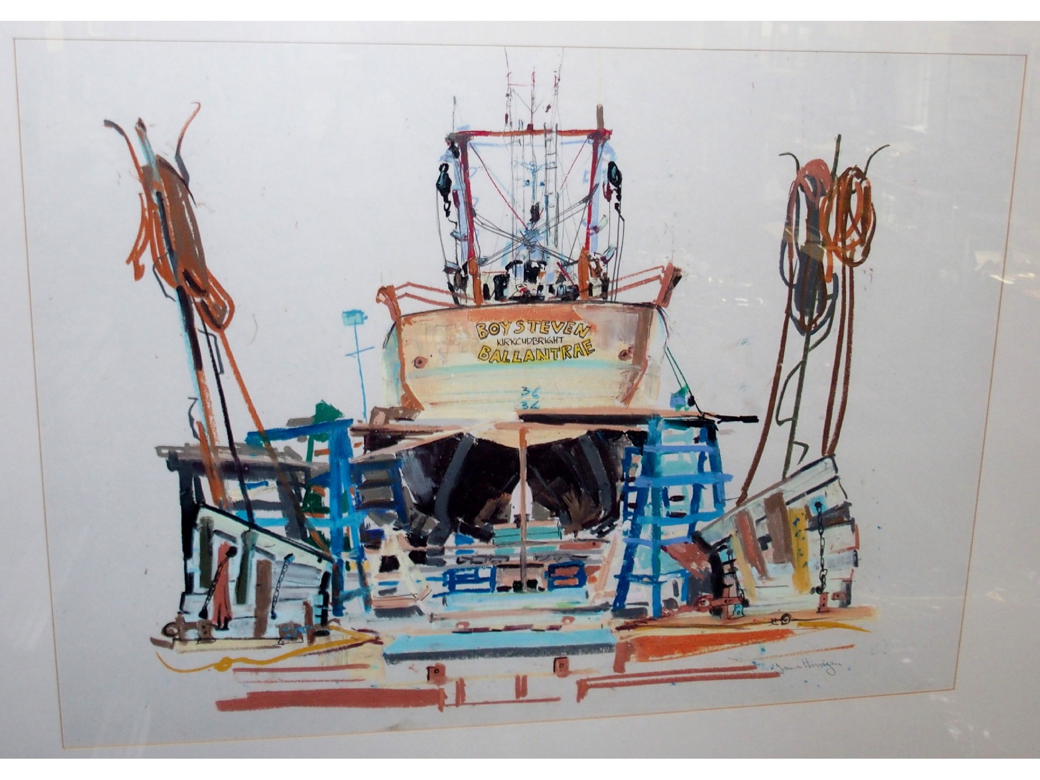 Appraisal: JAMES HARRIGAN Trawler in dry dock signed gouache