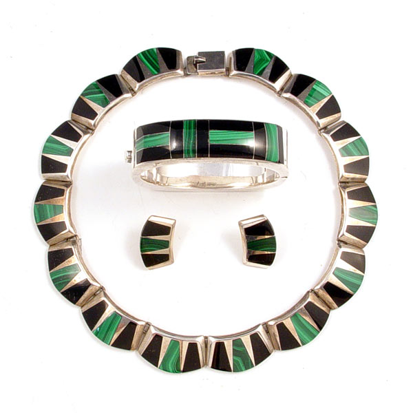 Appraisal: PIECE MEXICAN MALACHITE ONYX INLAY STERLING SUITE To include Necklace