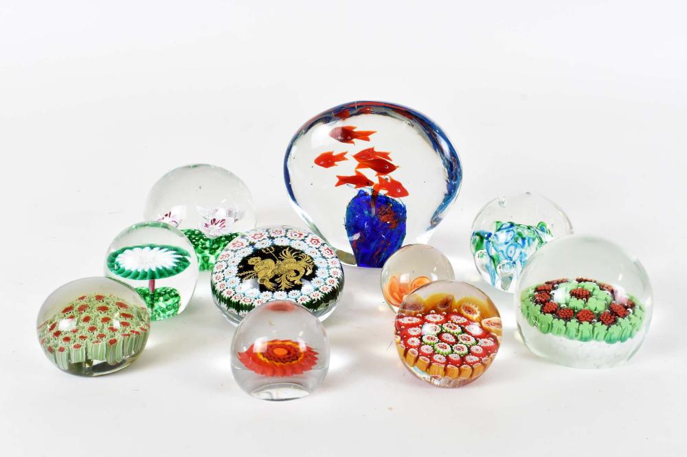 Appraisal: TEN VARIOUS GLASS PAPERWEIGHTS th Century Comprising four cane examples