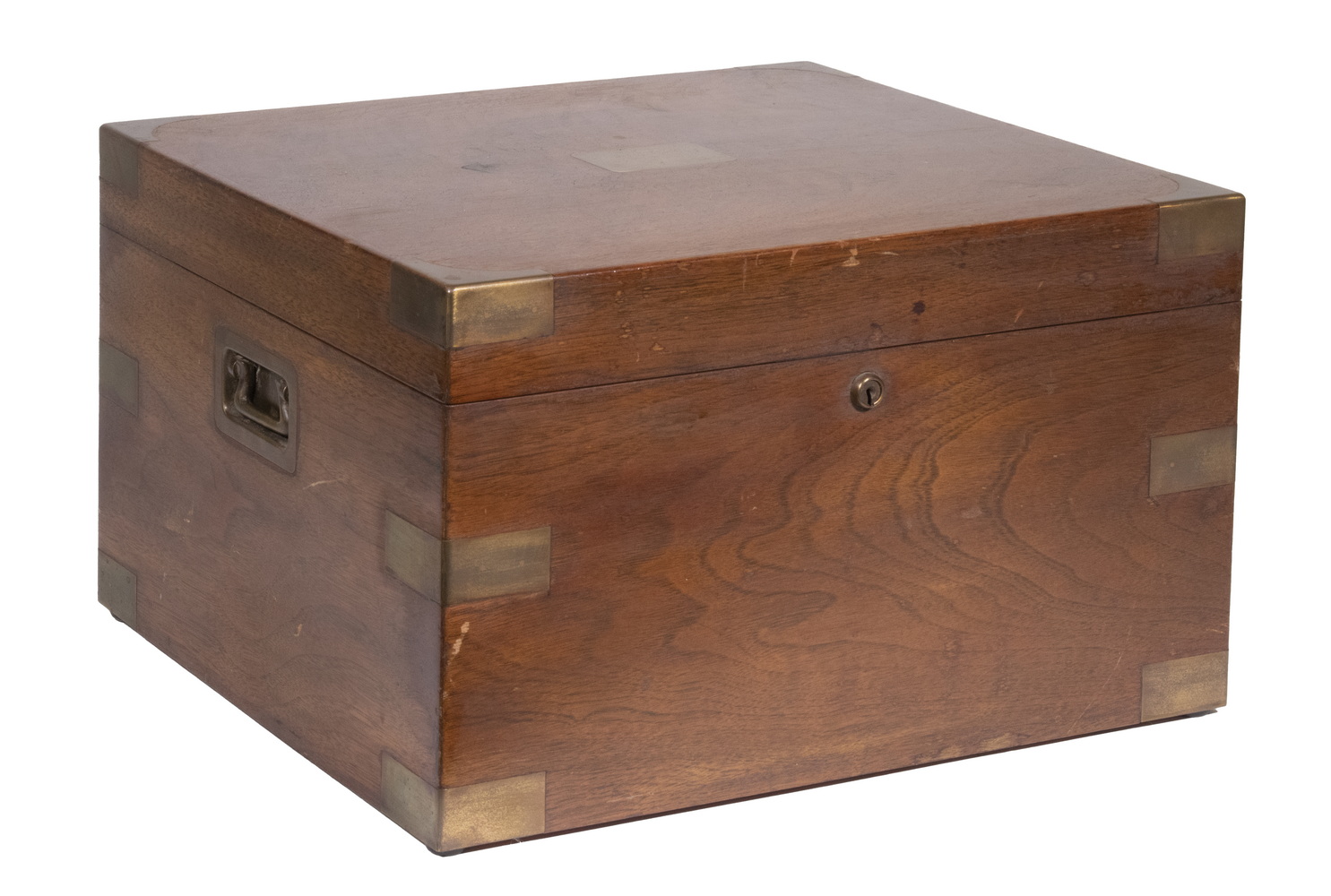 Appraisal: MAHOGANY HUMIDOR Vintage Campaign Style Brass Bound Humidor with flush