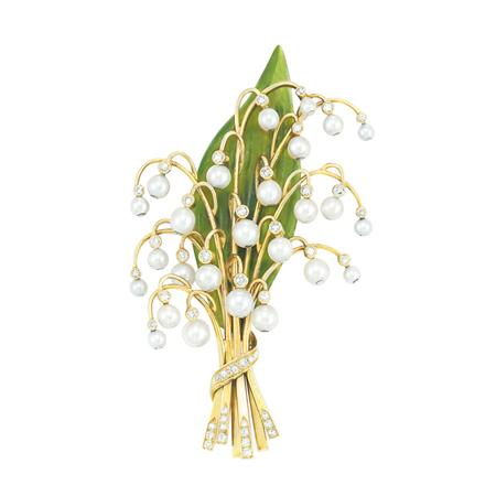 Appraisal: Gold Carved Nephrite Cultured Pearl and Diamond Lily of the