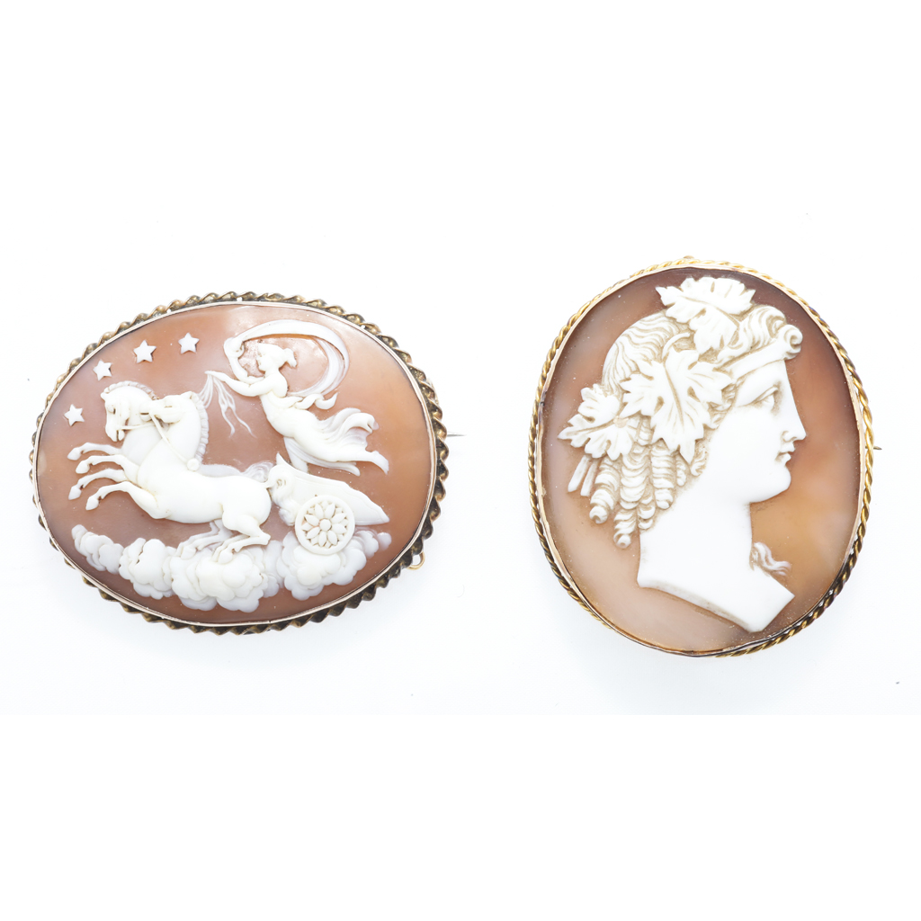 Appraisal: Two cameo brooches the first of oval outline depicting a