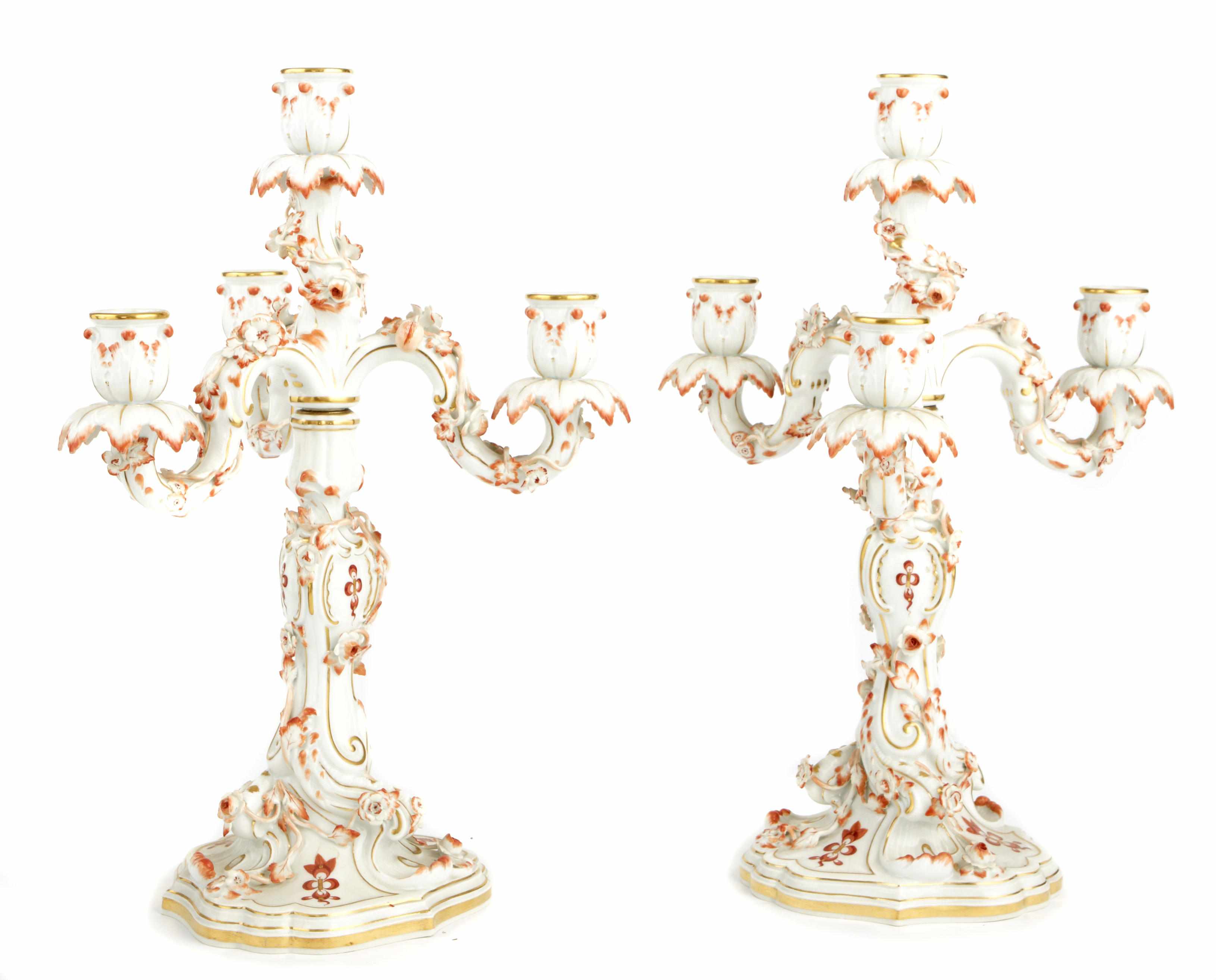 Appraisal: A pair of Meissen porcelain four light candelabra Underglazed blue