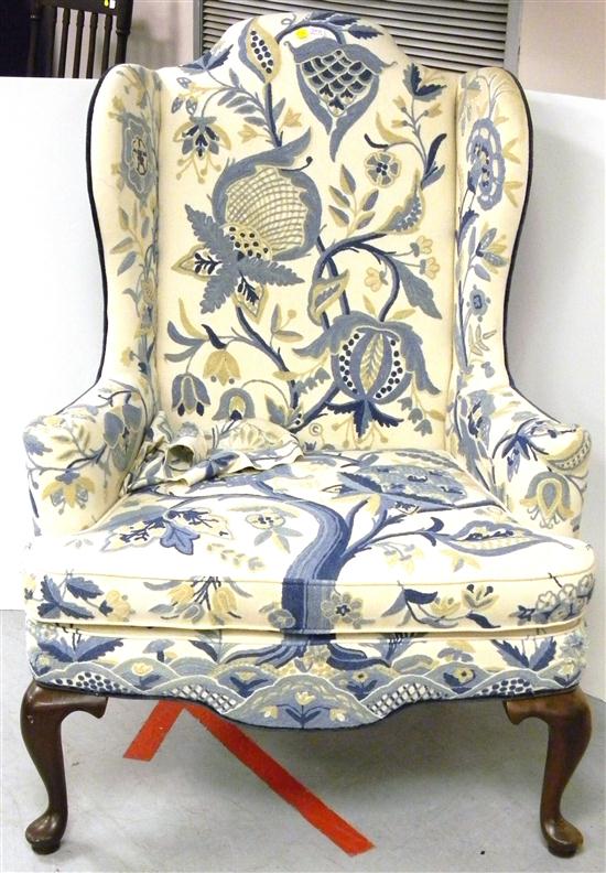 Appraisal: Queen Anne style crewel upholstered armchair blue cream and tan