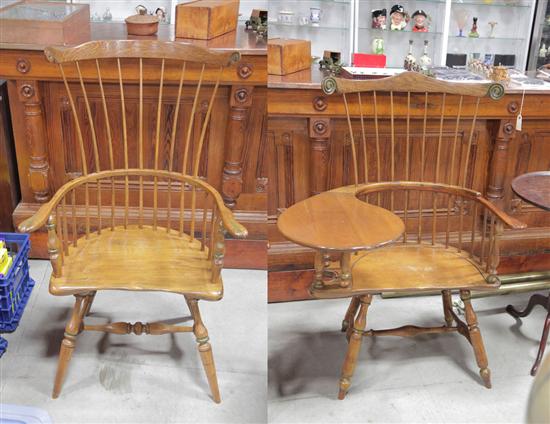 Appraisal: THREE REPRODUCTION ARMCHAIRS Windsor style chairs in oak two armchairs