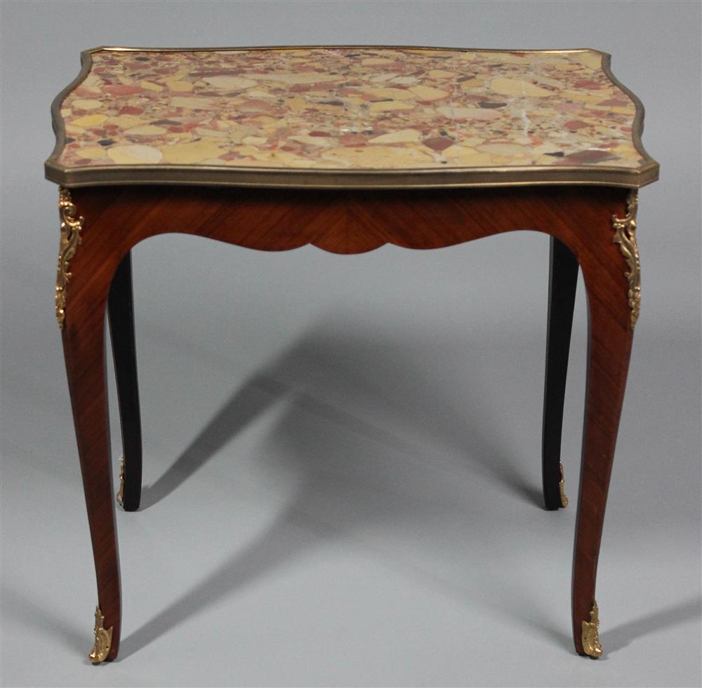 Appraisal: LOUIS XV STYLE GILT METAL TULIPWOOD SIDE TABLE with breche