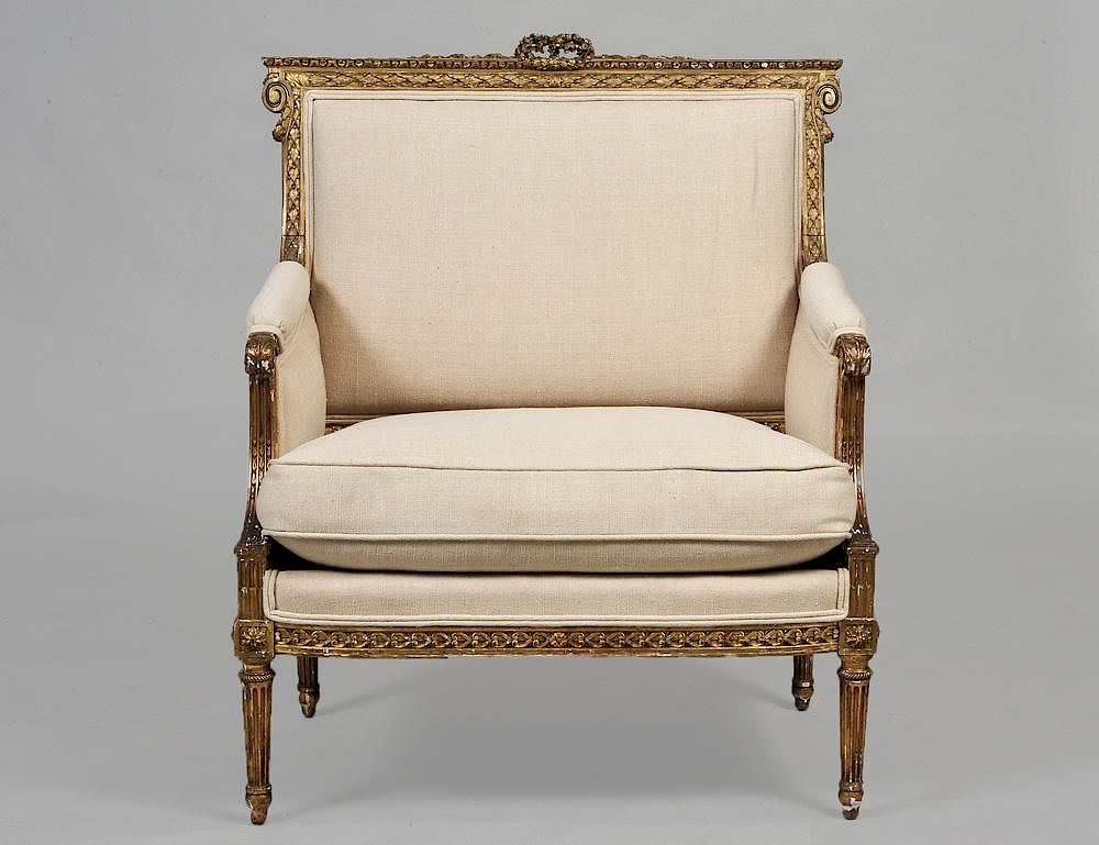 Appraisal: LOUIS XVI STYLE CARVED AND GILTWOOD BERGERE BY ALEXANDER PIHOUEE