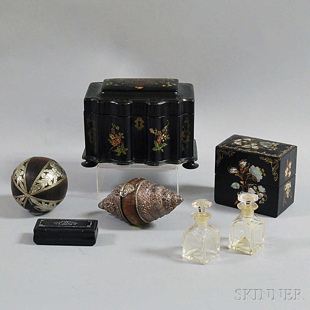 Appraisal: Three Small Lacquered Boxes and Two Metal-mounted Items a shaped