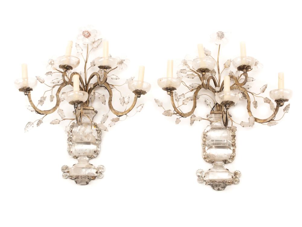 Appraisal: Pair of Baques-Style Silvered Metal and Rock Crystal Five-Light Wall