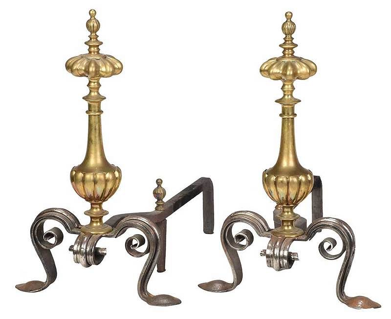 Appraisal: Pair of Brass and Iron Andirons British Continental th century