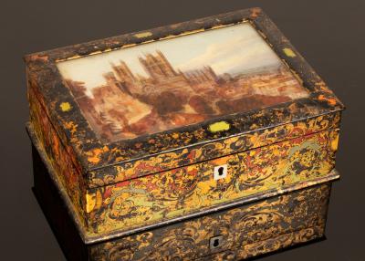 Appraisal: A late th Century painted and decorated papier-m ch workbox