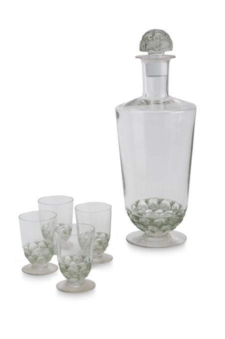 Appraisal: LALIQUE 'POUILLY' LIQUEUR SET CIRCA clear and frosted glass with