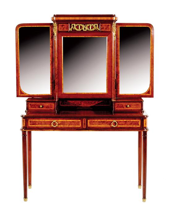 Appraisal: French style inlaid mahogany dressing table late th century superstructure