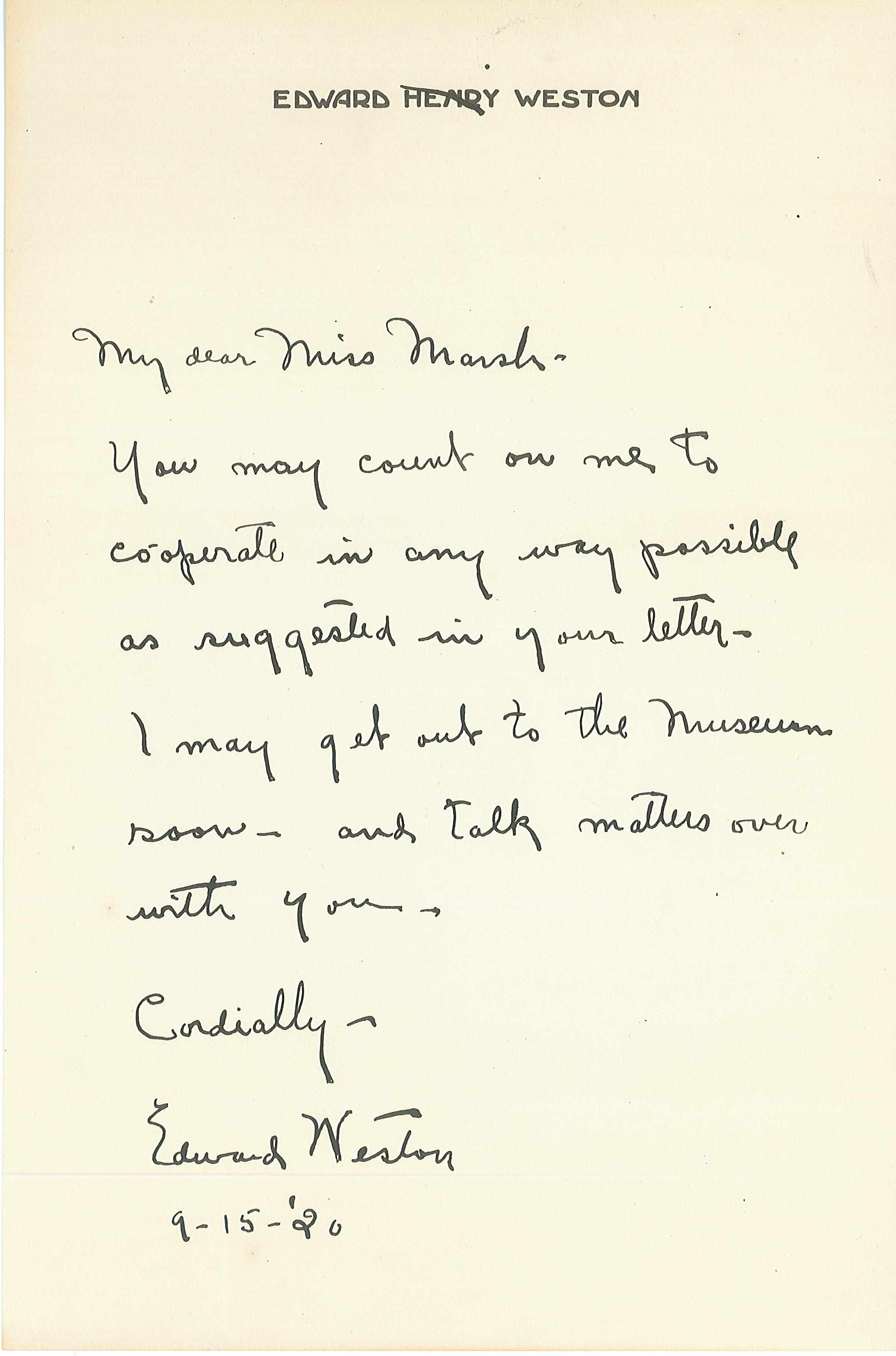 Appraisal: WESTON EDWARD - Autograph Letter Signed ''Edward Weston'' p to