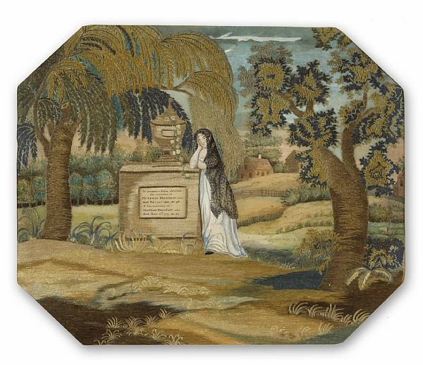 Appraisal: An American silk chenille and painted silk memorial needlework picture