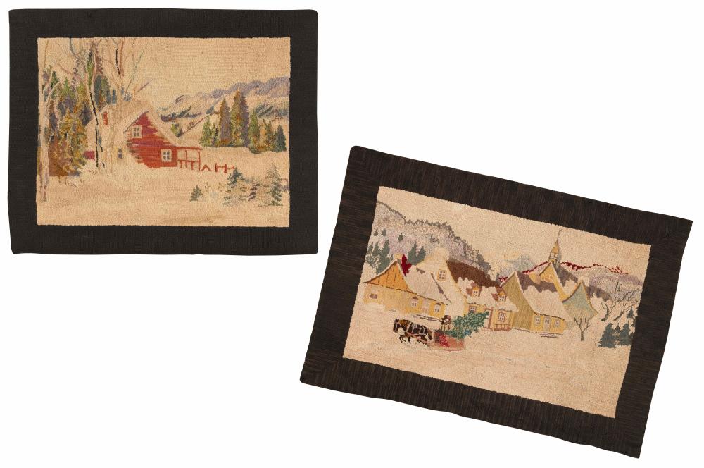 Appraisal: TWO HAND-HOOKED SCATTER RUGS DEPICTING WINTER SCENES Early th Century