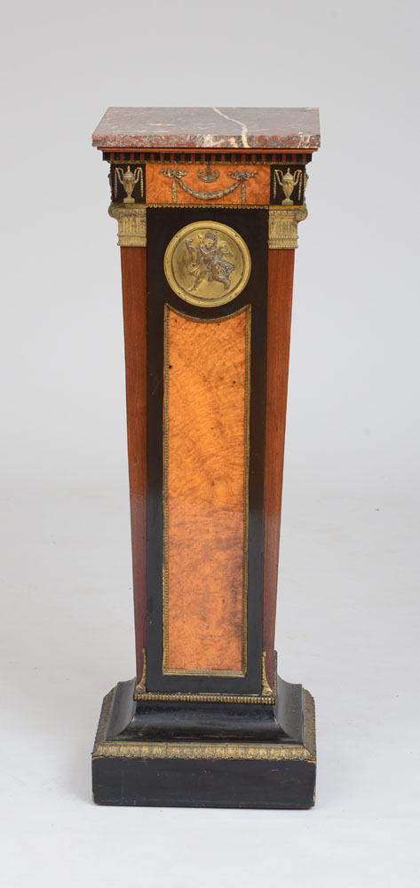 Appraisal: CONTINENTAL LATE NEOCLASSICAL STYLE GILT-BRONZE-MOUNTED MAHOGANY EBONY AND AMBOYNA PEDESTAL