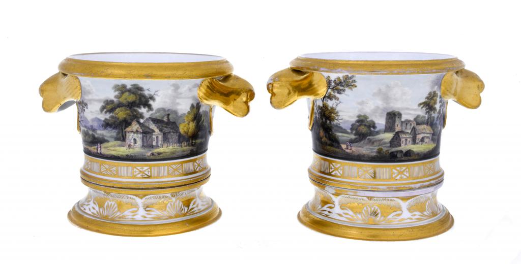 Appraisal: A PAIR OF HERCULANEUM CACHE POTS AND STANDS similar to