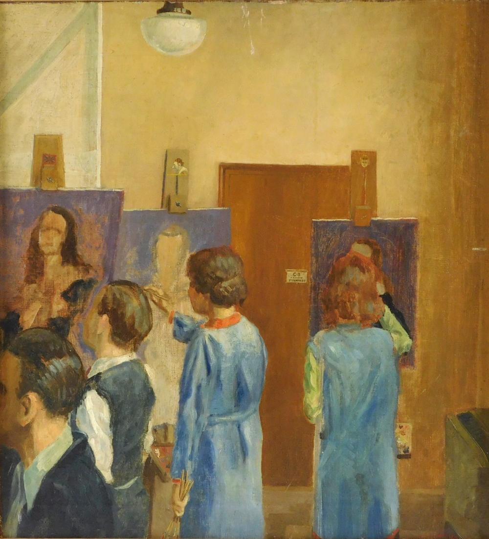 Appraisal: th C oil on canvas depicts a studio class of