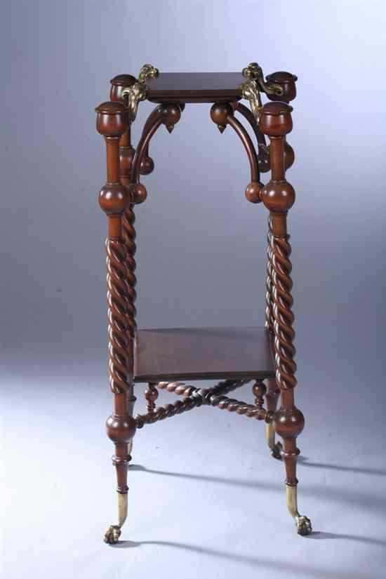 Appraisal: VICTORIAN STYLE MAHOGANY PLANT STAND Two tiers supported by barley-twist