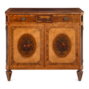 Appraisal: An English Painted Burr Yew Wood Satinwood and Mahogany Console