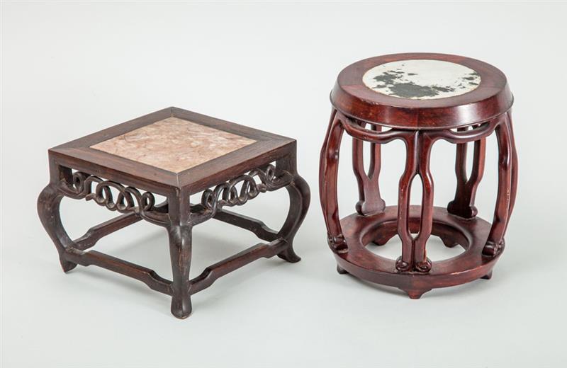 Appraisal: TWO CHINESE MARBLE-TOP HARDWOOD MINIATURE PEDESTALS Comprising one of barrel