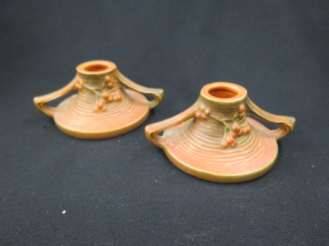 Appraisal: Roseville Pottery Bushberry Candleholders brown tall excellent