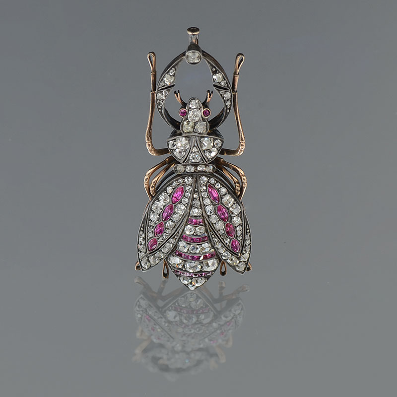 Appraisal: K VICTORIAN DIAMOND RUBY INSECT BROOCH CTW in gems skillfully