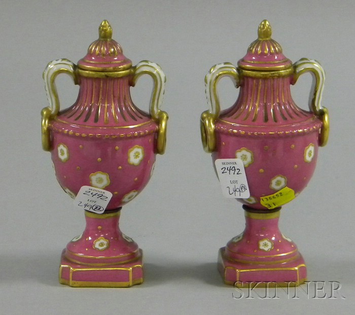 Appraisal: Pair of Miniature French Porcelain Covered Urns marked Ovington New