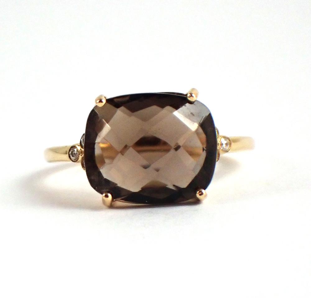 Appraisal: SMOKY QUARTZ DIAMOND AND FOURTEEN KARAT GOLD RING with three