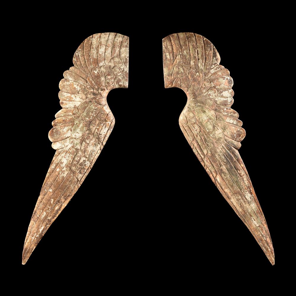 Appraisal: A PAIR OF MONUMENTAL PAINTED AND GILT WOOD WINGS POSSIBLY