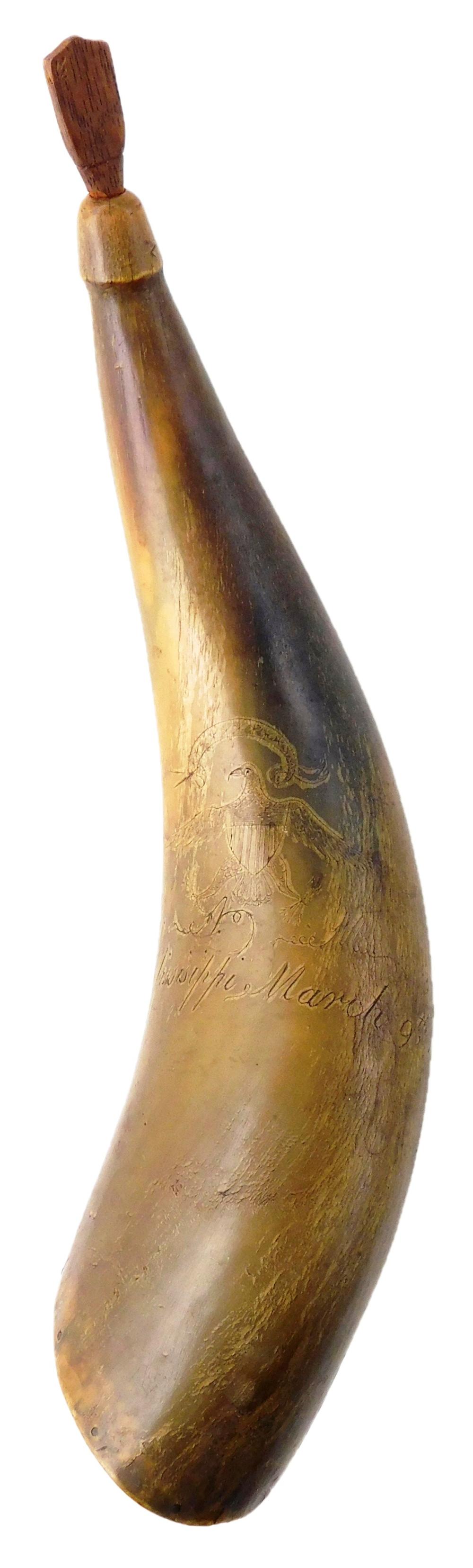 Appraisal: Scrimshaw powder horn American cow horn inscribed with American eagle