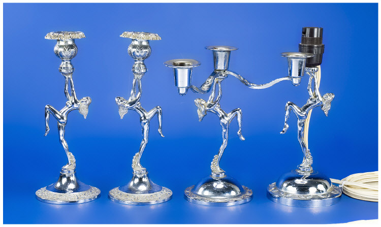 Appraisal: Art Deco Chrome Dancing Lady Set Comprising Pair of Candlesticks