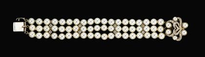 Appraisal: Platinum pearl and diamond bracelet s Triple strand pearl bracelet