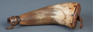 Appraisal: Scrimshaw Powder Horn Circa Philadelphia Scrimshaw powder horn of bovine