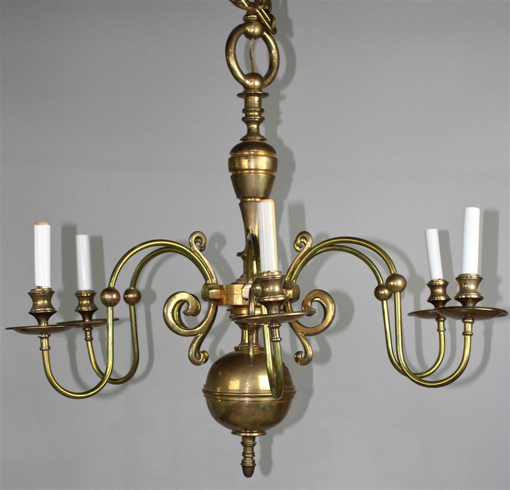 Appraisal: PAIR OF DUTCH STYLE SIX-ARM BRASS CHANDELIERS having a baluster