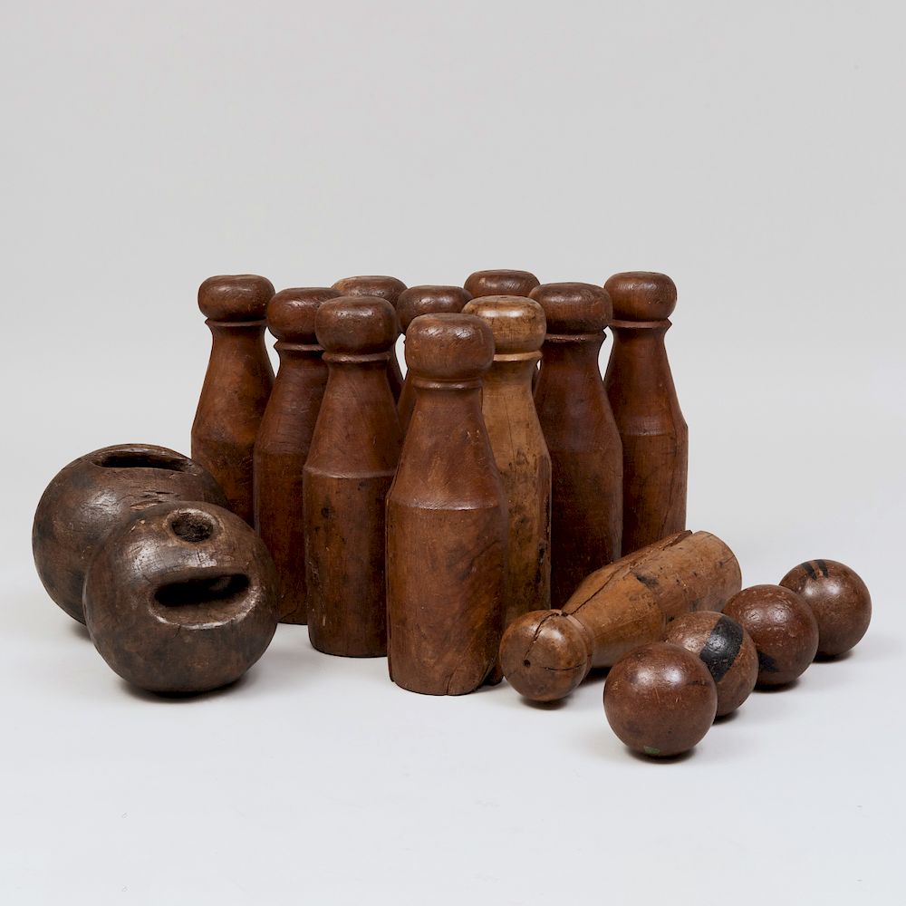 Appraisal: English Wooden Skittles Game Comprising eleven bowling pins two bowling